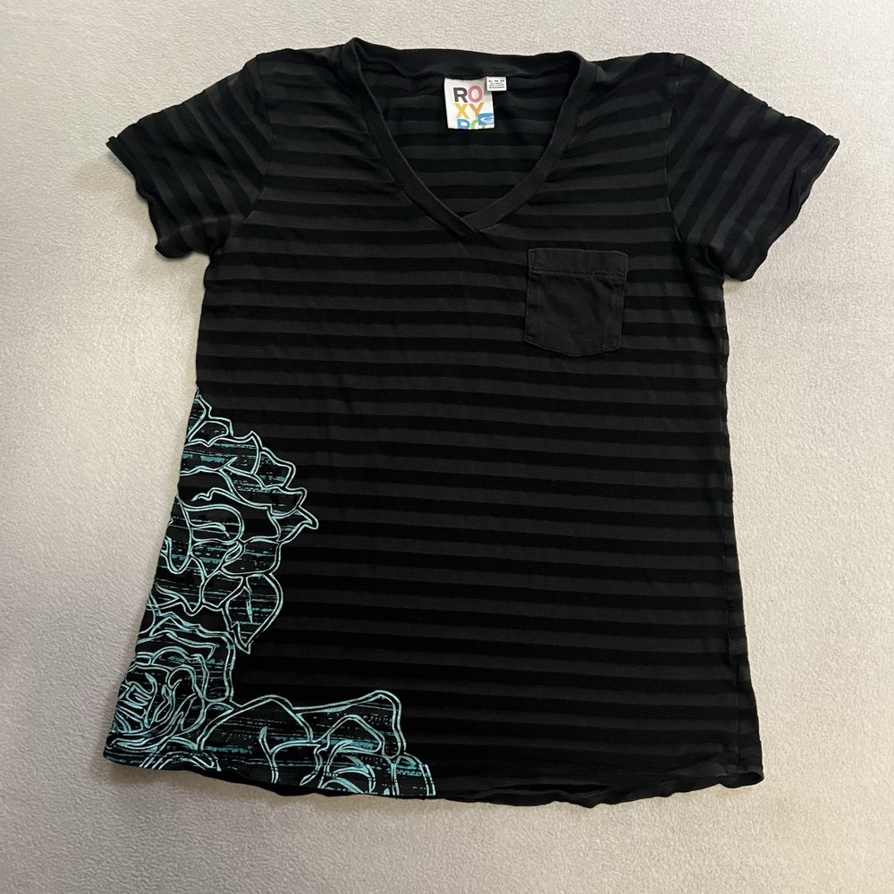 ROXY T-Shirt Women's Size XL Black Striped Short Sleeve Beach Casual V-Neck Tee